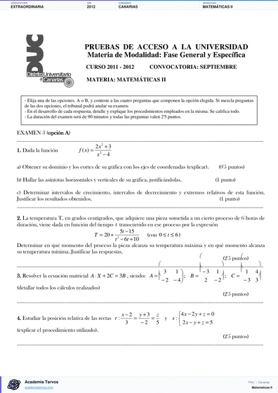 Vista previa de Examen PAU de Matemáticas II de Canarias 2012 – Extraordinaria