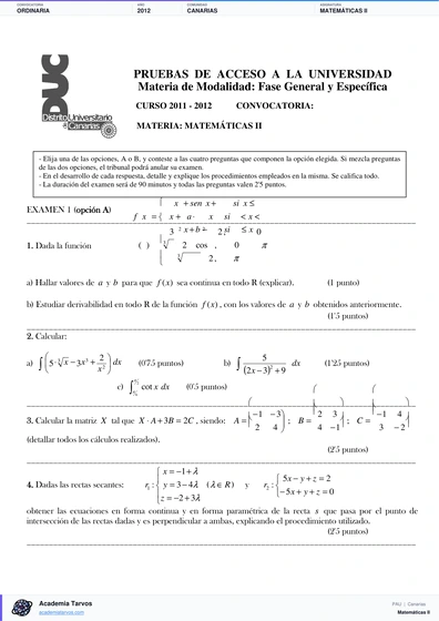 Vista previa de Examen PAU de Matemáticas II de Canarias 2012 – Ordinaria