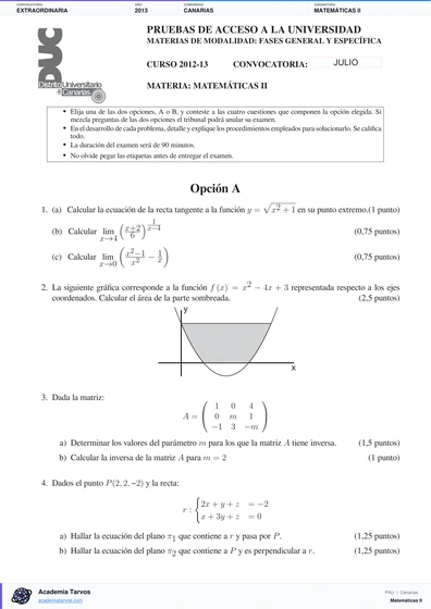 Vista previa de Examen PAU de Matemáticas II de Canarias 2013 – Extraordinaria