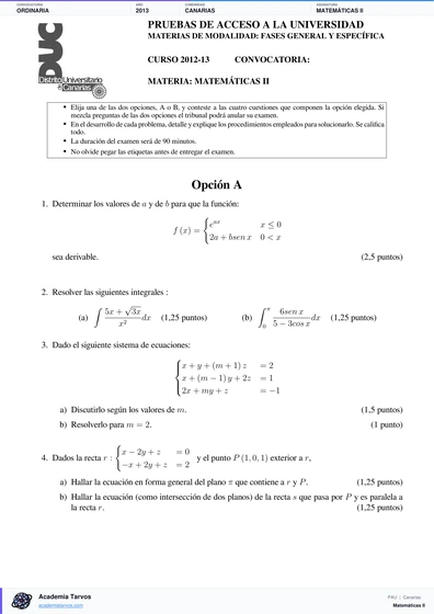Vista previa de Examen PAU de Matemáticas II de Canarias 2013 – Ordinaria