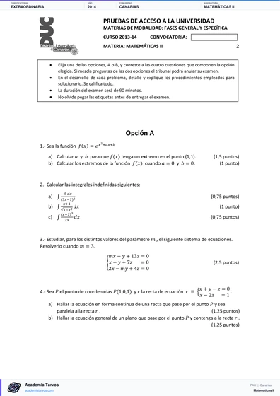 Vista previa de Examen PAU de Matemáticas II de Canarias 2014 – Extraordinaria