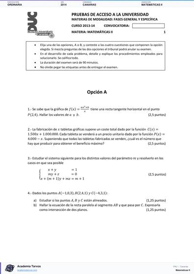 Vista previa de Examen PAU de Matemáticas II de Canarias 2014 – Ordinaria