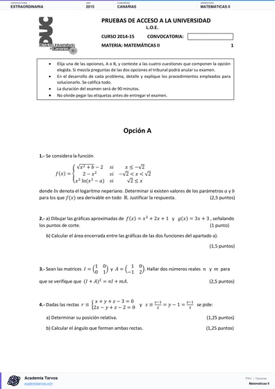 Vista previa de Examen PAU de Matemáticas II de Canarias 2015 – Extraordinaria