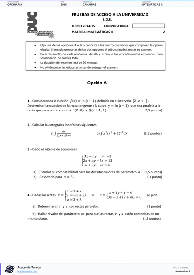 Vista previa de Examen PAU de Matemáticas II de Canarias 2015 – Ordinaria