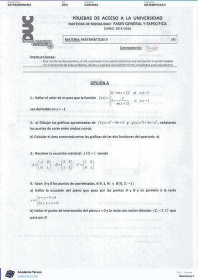 Vista previa de Examen PAU de Matemáticas II de Canarias 2016 – Extraordinaria