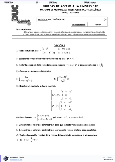 Vista previa de Examen PAU de Matemáticas II de Canarias 2016 – Ordinaria