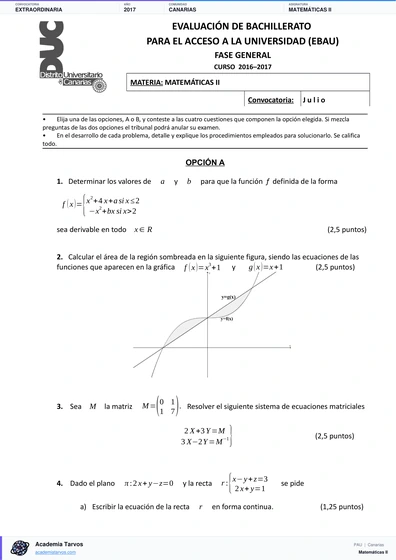 Vista previa de Examen PAU de Matemáticas II de Canarias 2017 – Extraordinaria