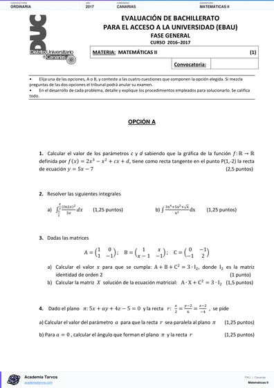 Vista previa de Examen PAU de Matemáticas II de Canarias 2017 – Ordinaria