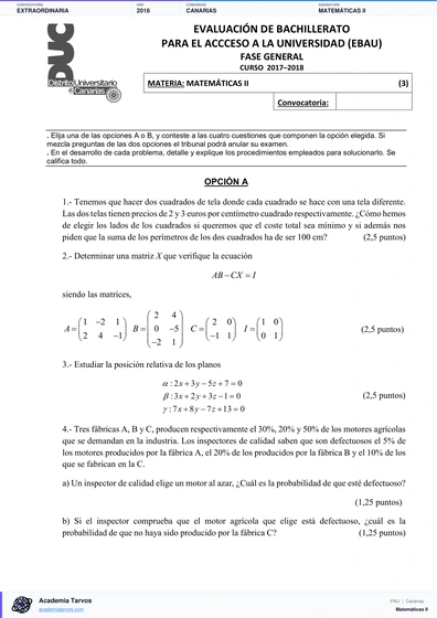 Vista previa de Examen PAU de Matemáticas II de Canarias 2018 – Extraordinaria