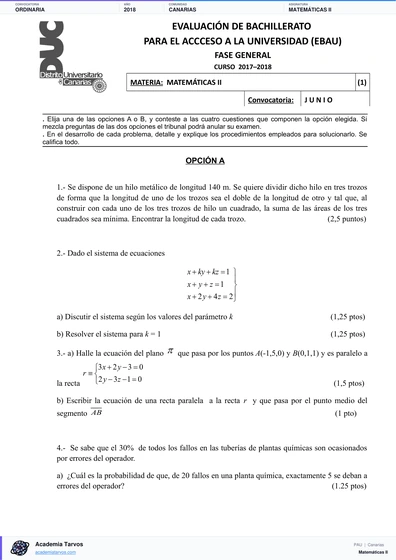 Vista previa de Examen PAU de Matemáticas II de Canarias 2018 – Ordinaria