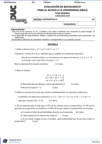 Vista previa de Examen PAU de Matemáticas II de Canarias 2019 – Extraordinaria