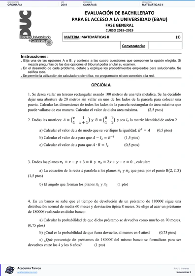Vista previa de Examen PAU de Matemáticas II de Canarias 2019 – Ordinaria