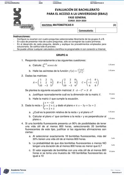 Vista previa de Examen PAU de Matemáticas II de Canarias 2020 – Extraordinaria