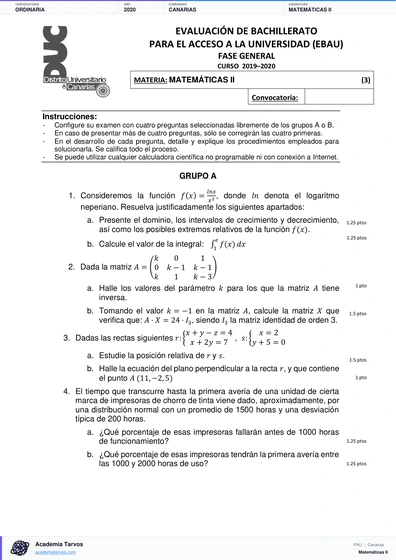 Vista previa de Examen PAU de Matemáticas II de Canarias 2020 – Ordinaria