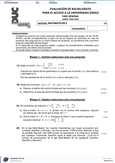 Vista previa de Examen PAU de Matemáticas II de Canarias 2021 – Extraordinaria