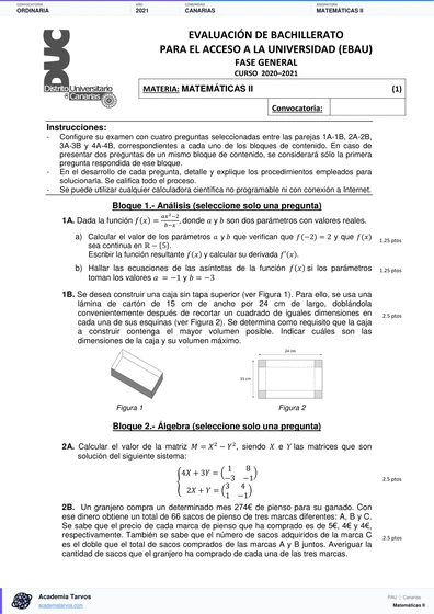 Vista previa de Examen PAU de Matemáticas II de Canarias 2021 – Ordinaria
