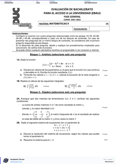 Vista previa de Examen PAU de Matemáticas II de Canarias 2022 – Ordinaria
