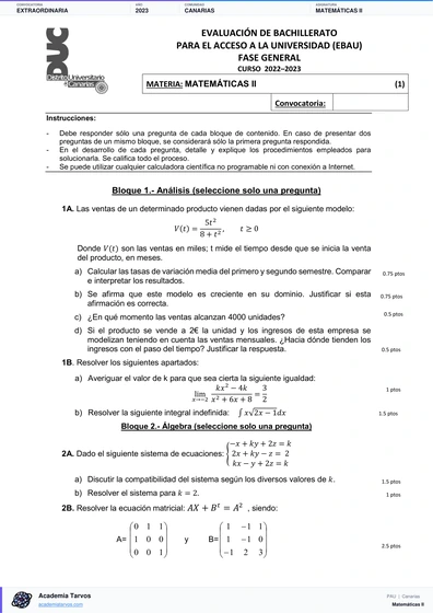 Vista previa de Examen PAU de Matemáticas II de Canarias 2023 – Extraordinaria