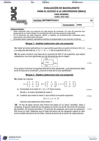 Vista previa de Examen PAU de Matemáticas II de Canarias 2023 – Ordinaria