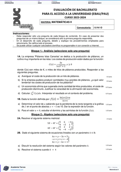 Vista previa de Examen PAU de Matemáticas II de Canarias 2024 – Ordinaria