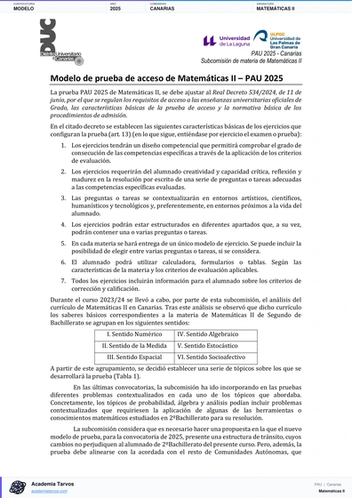 Vista previa de Modelo PAU de Matemáticas II de Canarias 2025