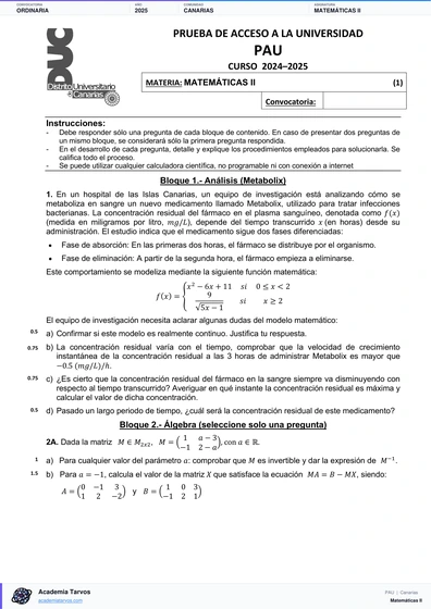 Vista previa de Examen PAU de Matemáticas II de Canarias 2025 – Ordinaria