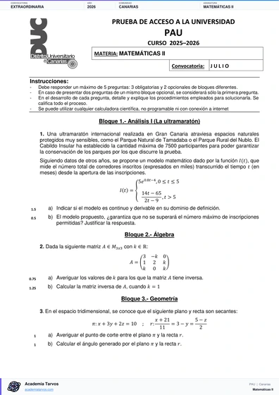 Vista previa de Examen PAU de Matemáticas II de Canarias 2026 – Extraordinaria