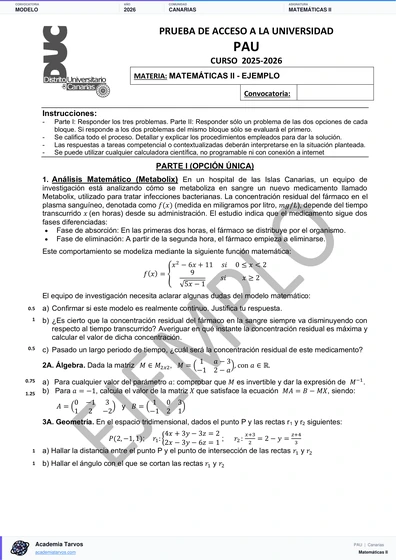 Vista previa de Modelo PAU de Matemáticas II de Canarias 2026