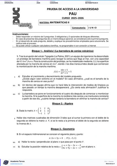 Vista previa de Examen PAU de Matemáticas II de Canarias 2026 – Ordinaria