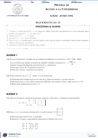 Vista previa de Examen PAU de Matemáticas II de Cantabria 1996 – Ordinaria