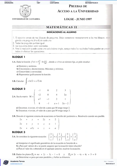 Vista previa de Examen PAU de Matemáticas II de Cantabria 1997 – Ordinaria