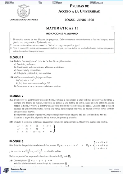 Vista previa de Examen PAU de Matemáticas II de Cantabria 1998 – Ordinaria