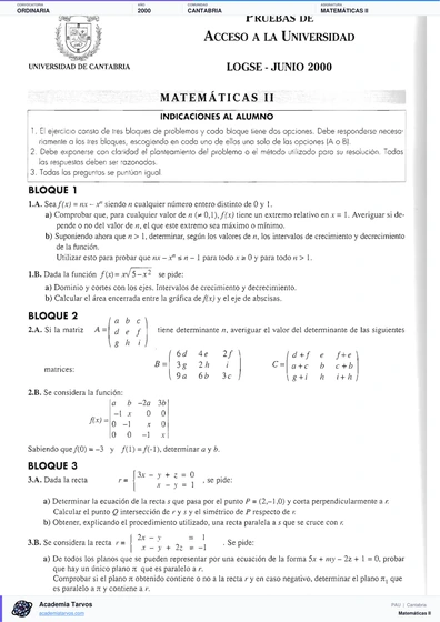 Vista previa de Examen PAU de Matemáticas II de Cantabria 2000 – Ordinaria