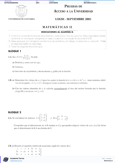 Vista previa de Examen PAU de Matemáticas II de Cantabria 2001 – Extraordinaria