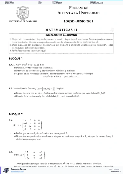 Vista previa de Examen PAU de Matemáticas II de Cantabria 2001 – Ordinaria
