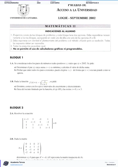 Vista previa de Examen PAU de Matemáticas II de Cantabria 2002 – Extraordinaria