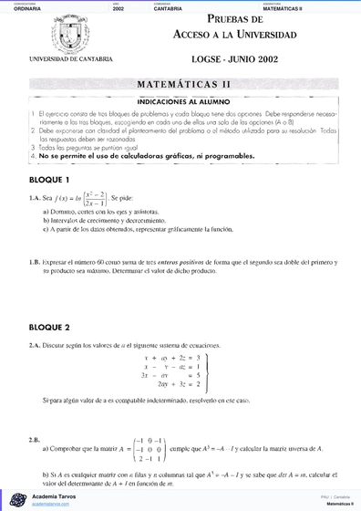 Vista previa de Examen PAU de Matemáticas II de Cantabria 2002 – Ordinaria