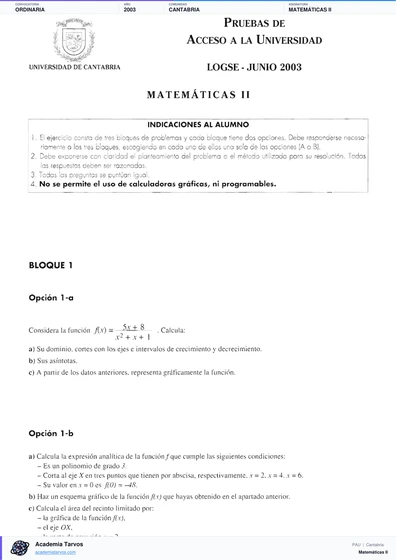 Vista previa de Examen PAU de Matemáticas II de Cantabria 2003 – Ordinaria
