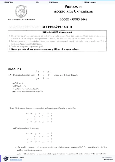 Vista previa de Examen PAU de Matemáticas II de Cantabria 2004 – Ordinaria