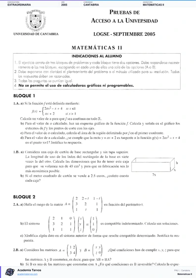 Vista previa de Examen PAU de Matemáticas II de Cantabria 2005 – Extraordinaria