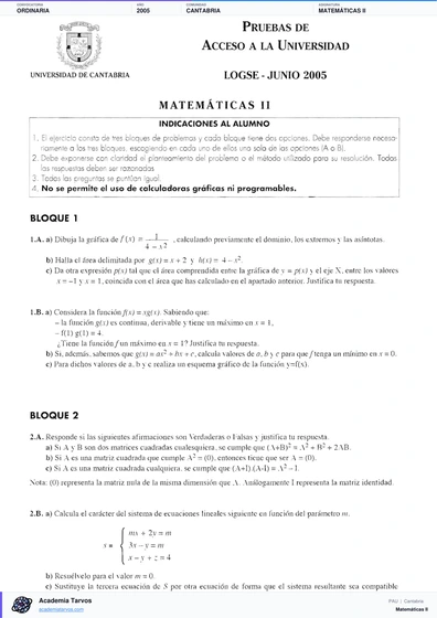 Vista previa de Examen PAU de Matemáticas II de Cantabria 2005 – Ordinaria
