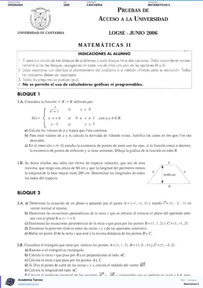 Vista previa de Examen PAU de Matemáticas II de Cantabria 2006 – Ordinaria