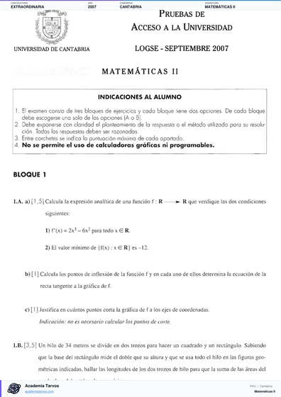 Vista previa de Examen PAU de Matemáticas II de Cantabria 2007 – Extraordinaria
