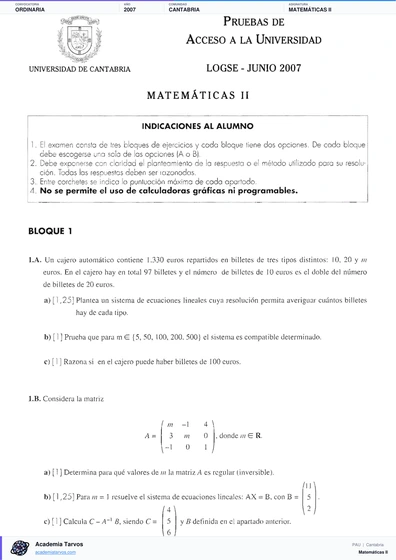 Vista previa de Examen PAU de Matemáticas II de Cantabria 2007 – Ordinaria