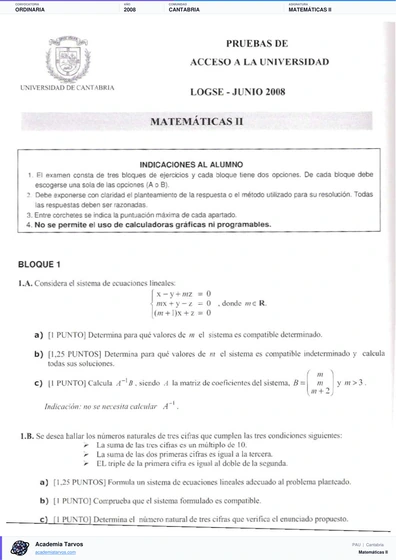 Vista previa de Examen PAU de Matemáticas II de Cantabria 2008 – Ordinaria