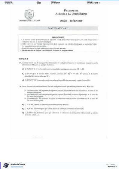 Vista previa de Examen PAU de Matemáticas II de Cantabria 2009 – Ordinaria