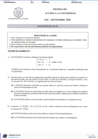 Vista previa de Examen PAU de Matemáticas II de Cantabria 2010 – Extraordinaria