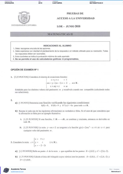 Vista previa de Examen PAU de Matemáticas II de Cantabria 2010 – Ordinaria