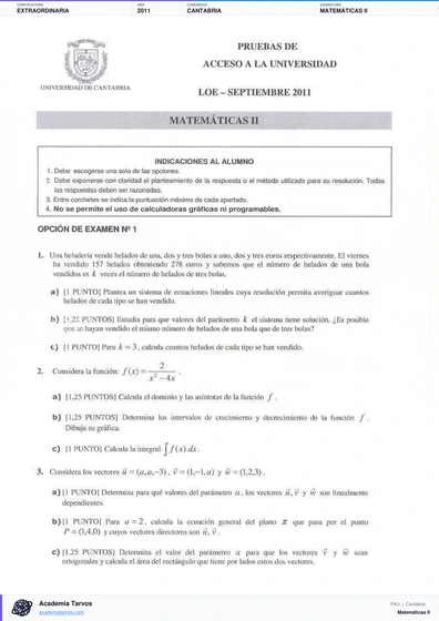 Vista previa de Examen PAU de Matemáticas II de Cantabria 2011 – Extraordinaria