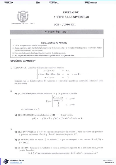 Vista previa de Examen PAU de Matemáticas II de Cantabria 2011 – Ordinaria